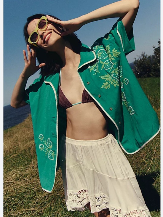 Free People Tops - FREE PEOPLE WE THE FREE STRAWBERRY SHIRT GREEN EMBROIDERED LINEN BLEND S